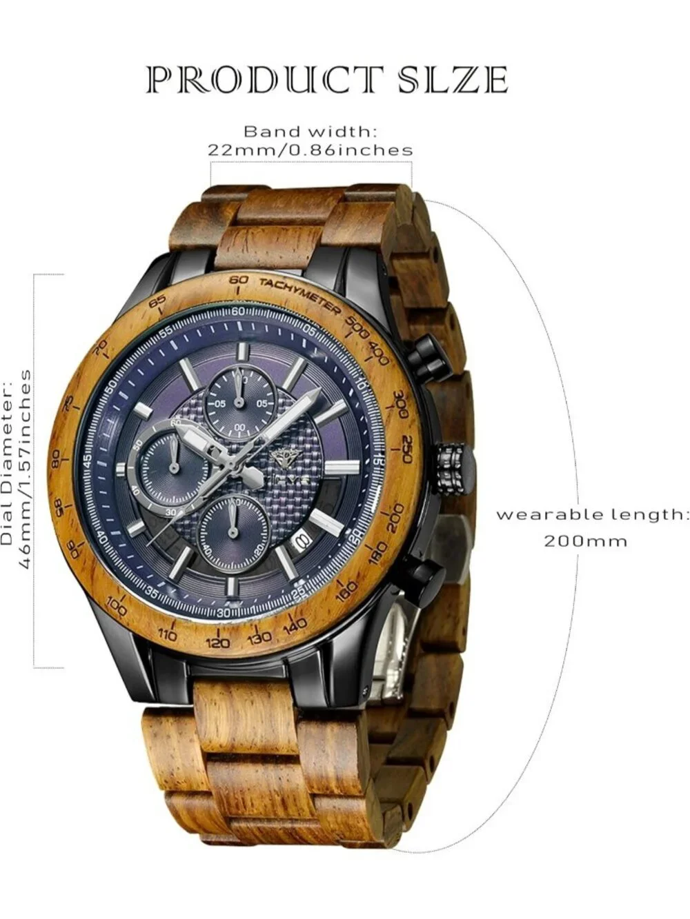 Men's Brown Black Stainless Steel Chronograph Solid Multifunctional Wooden Watch